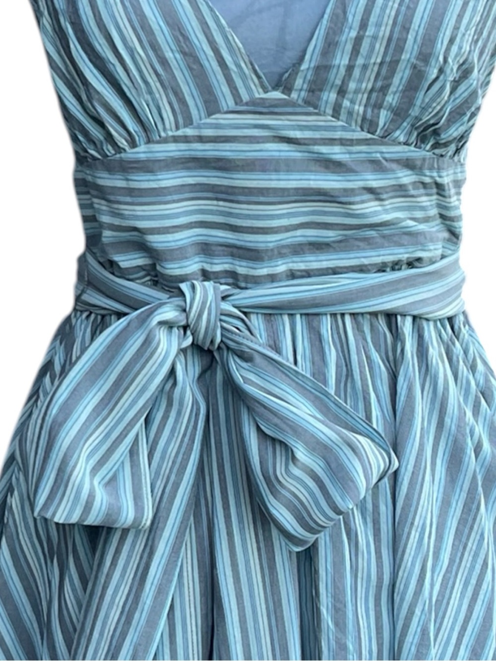 Banana Republic Aqua/Blue Stripe Cotton V-Neck Tie Waist A-Line Midi Dress (4) - Picture 4 of 16